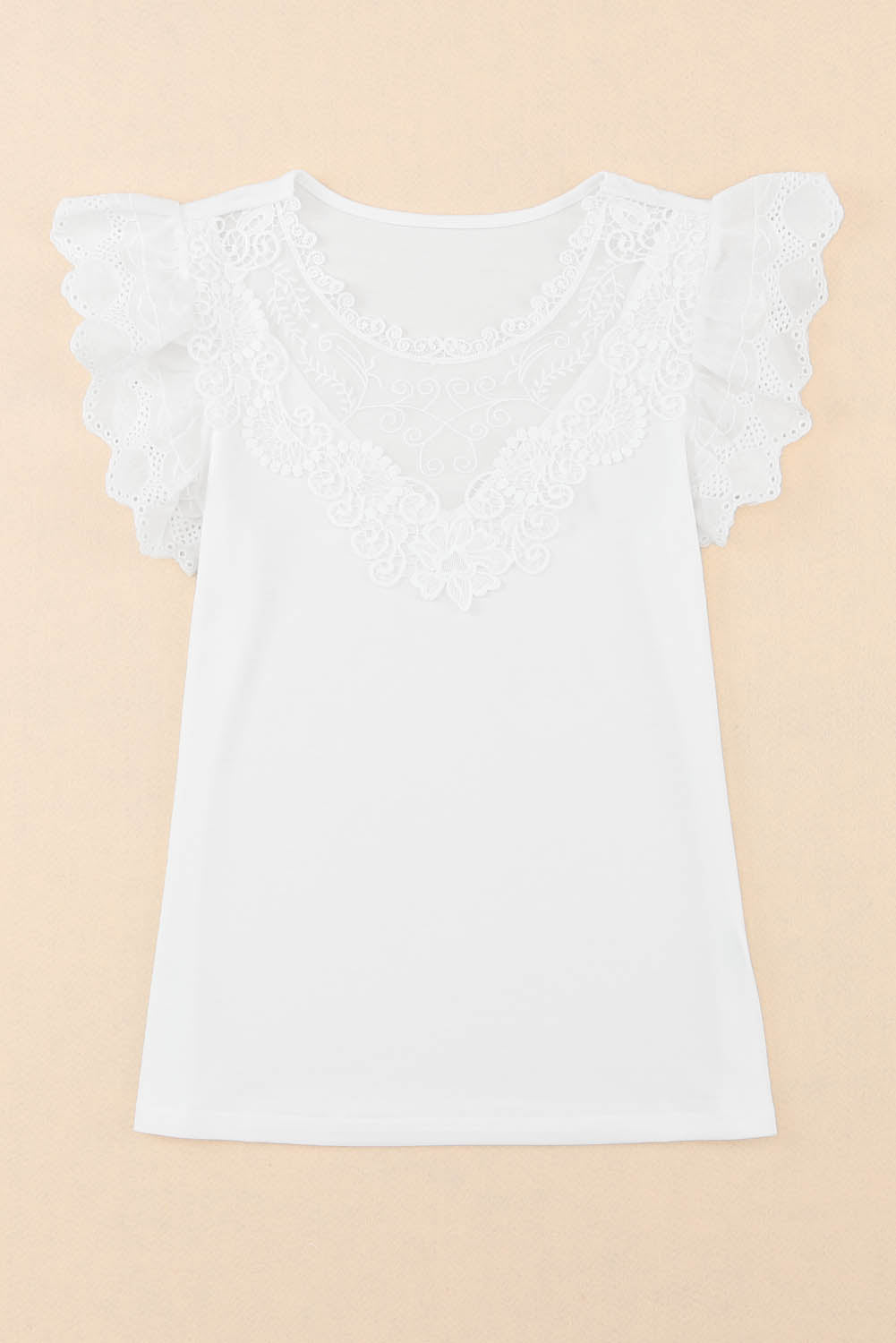 Lace Splice Ruffle Eyelet Flutter Sleeve Top