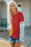 Leopard Color Block Waffle Knit V Neck Top