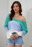 Color Block Eyelet Long Sleeve Twisted Back Knit Top