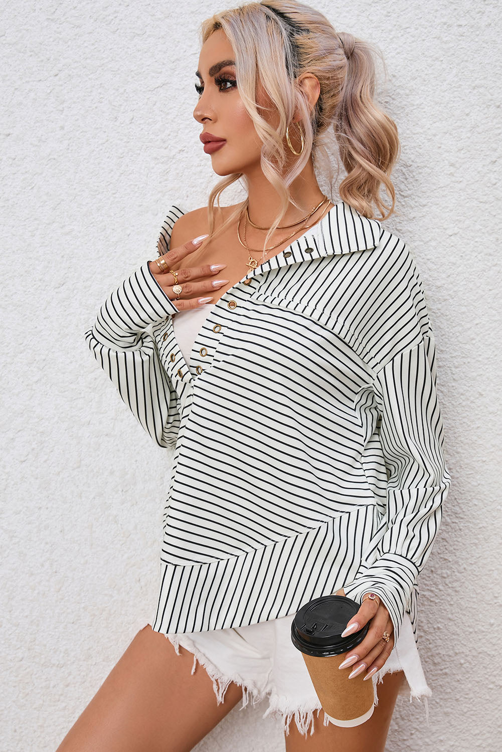 Striped Thumbhole Drop Shoulder V Neck Top