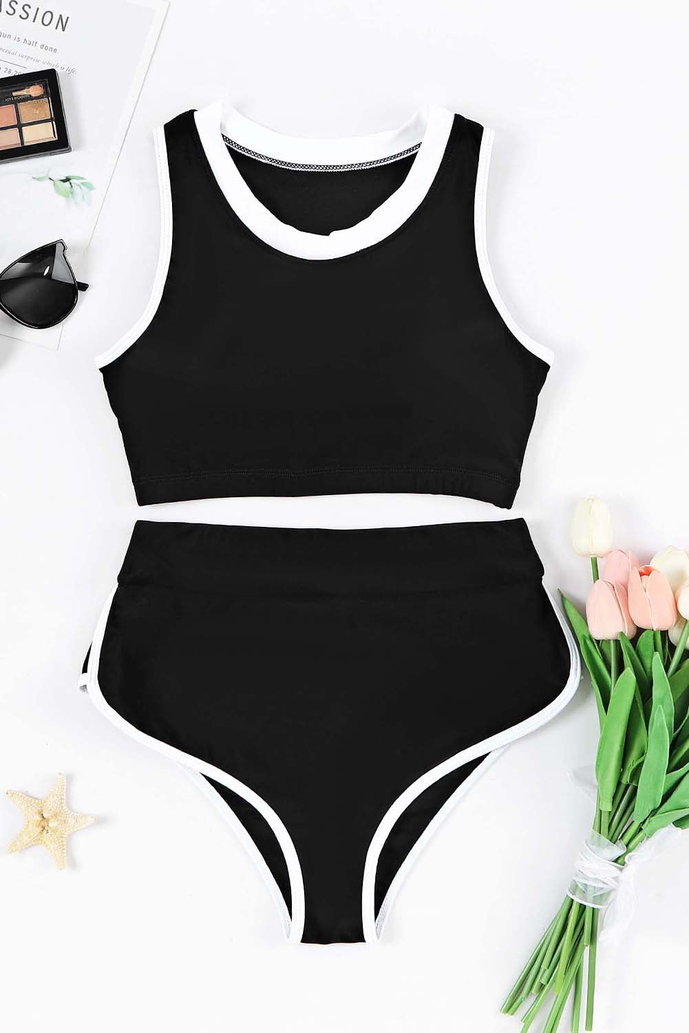 2pcs Contrast Trim Active Bikini Swimsuit