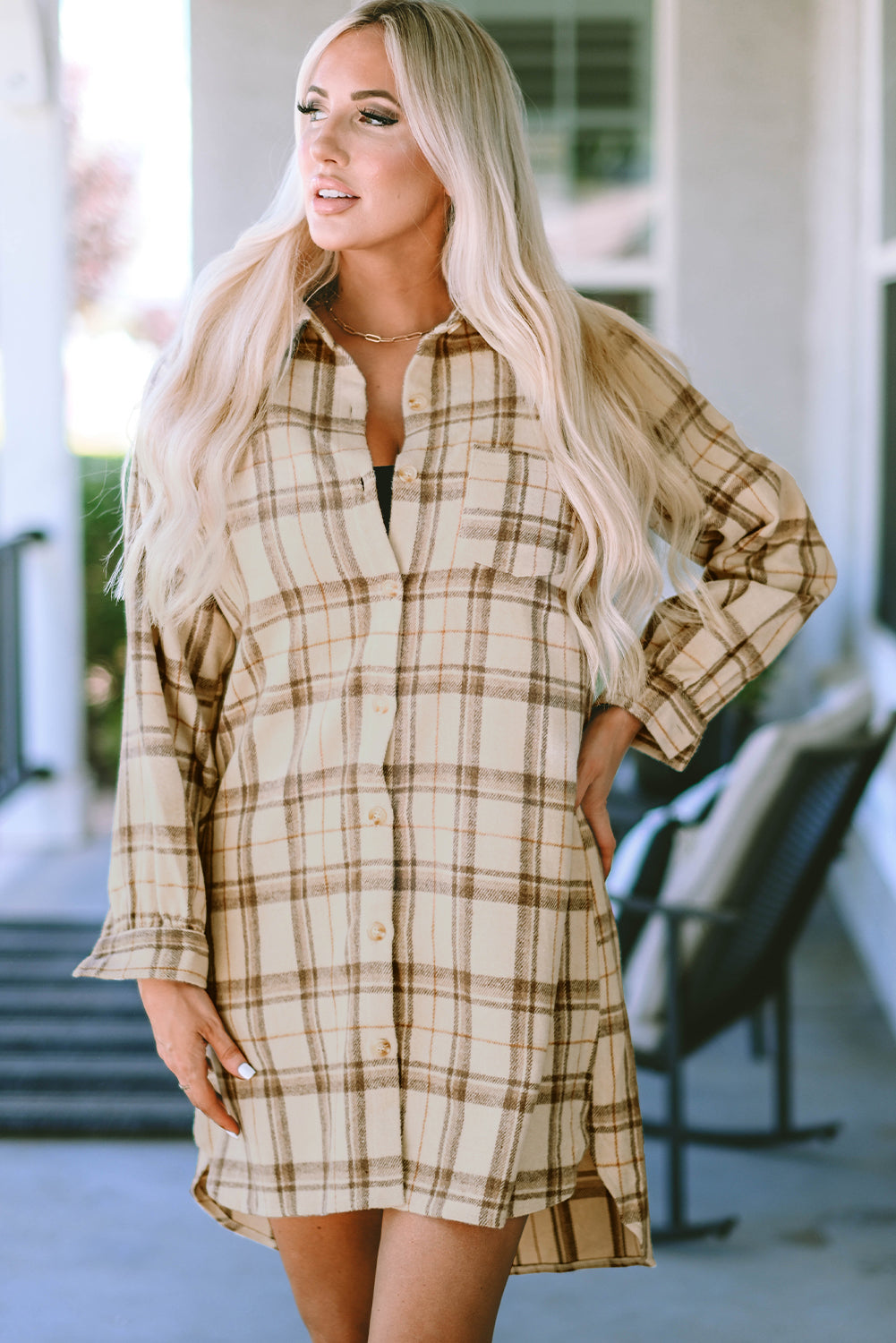 Khaki Western Plaid Button Up Loose Shirt Dress