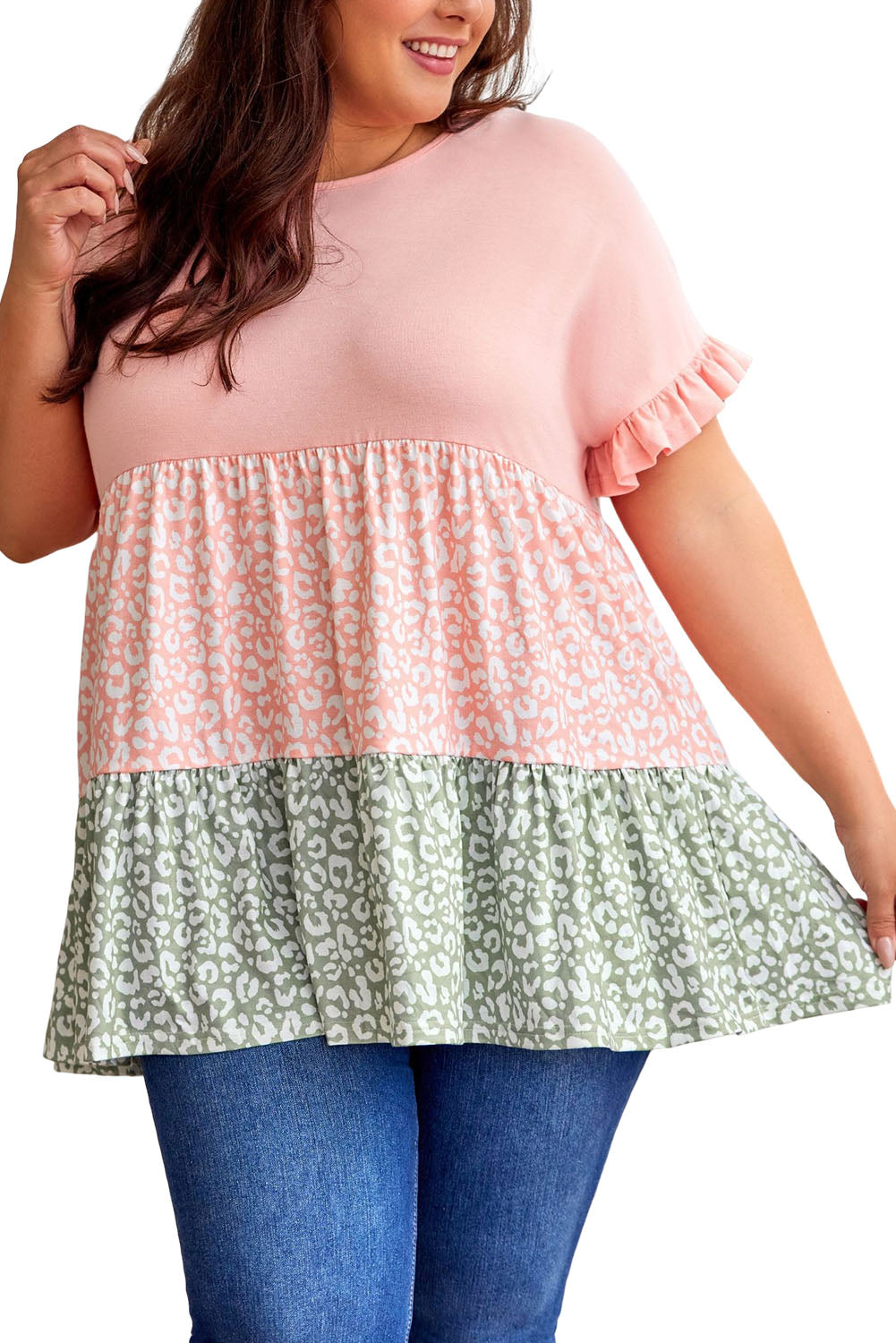 Ruffled Short Sleeve Leopard Splicing Flowy Plus Size Top