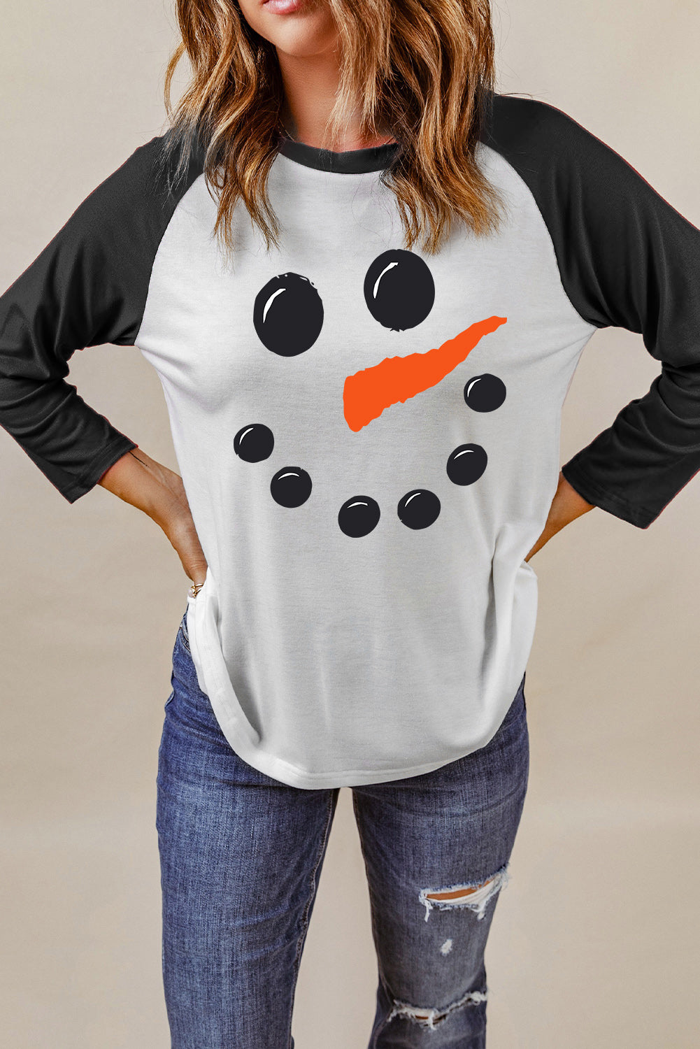 Christmas Snowman Face Print Color Block Top