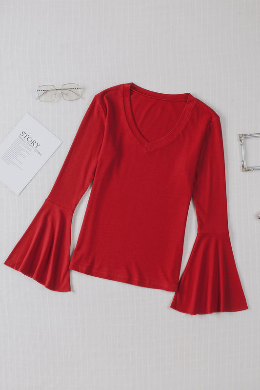 V Neck Knit Bell Sleeve Top