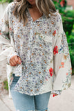 Purple Boho Floral Bishop Sleeve Button Up Loose Shirt