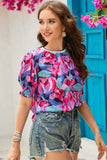 Red Floral Print Shirred Puff Sleeve Blouse