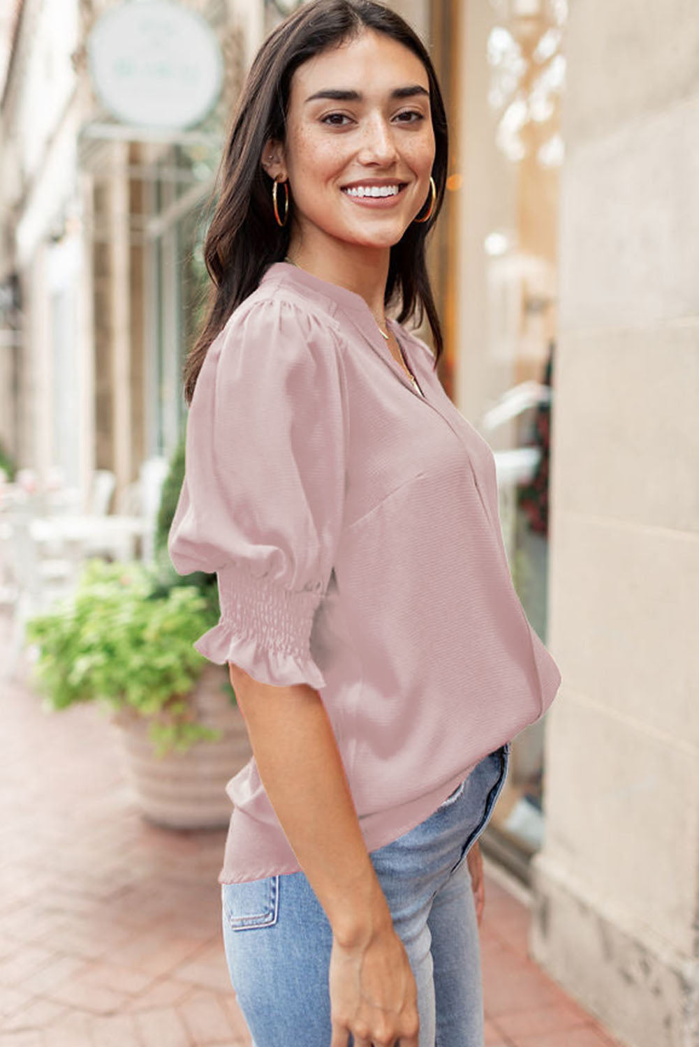 Solid Color Half Sleeve V Neck Blouse