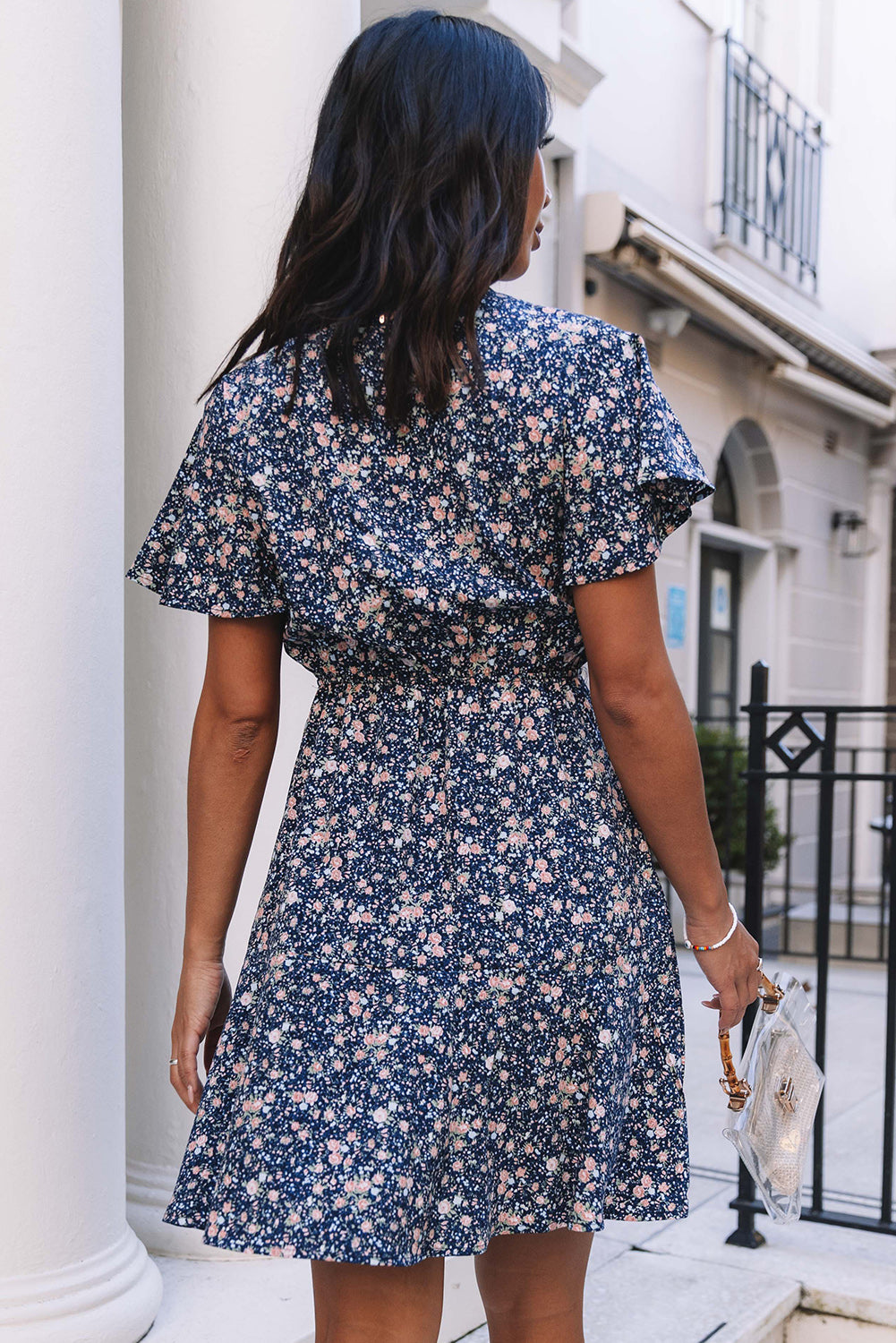 Floral Print Tie Knot Ruffled Short Sleeve Mini Dress