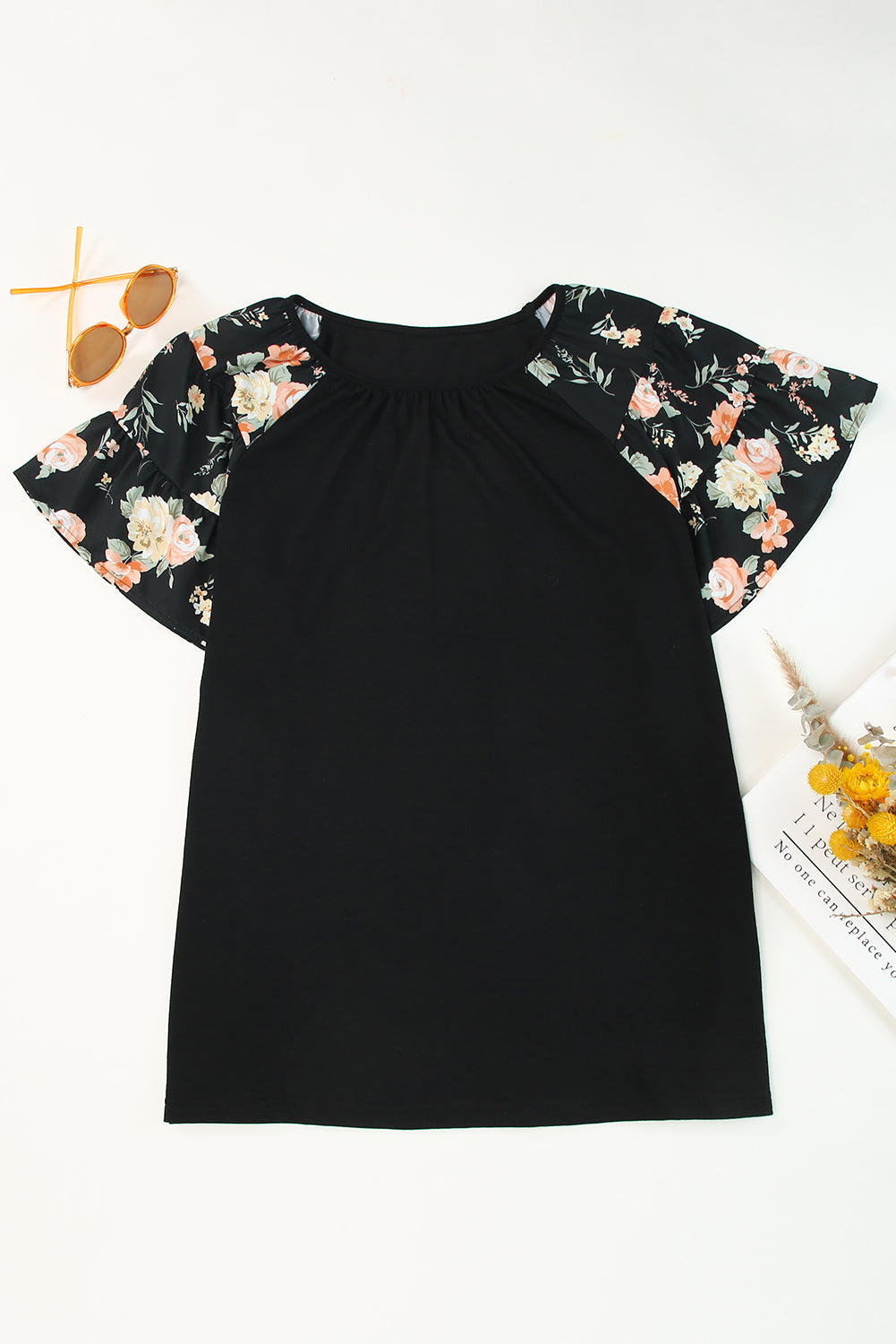 Floral Ruffle Sleeve Plus Size Top