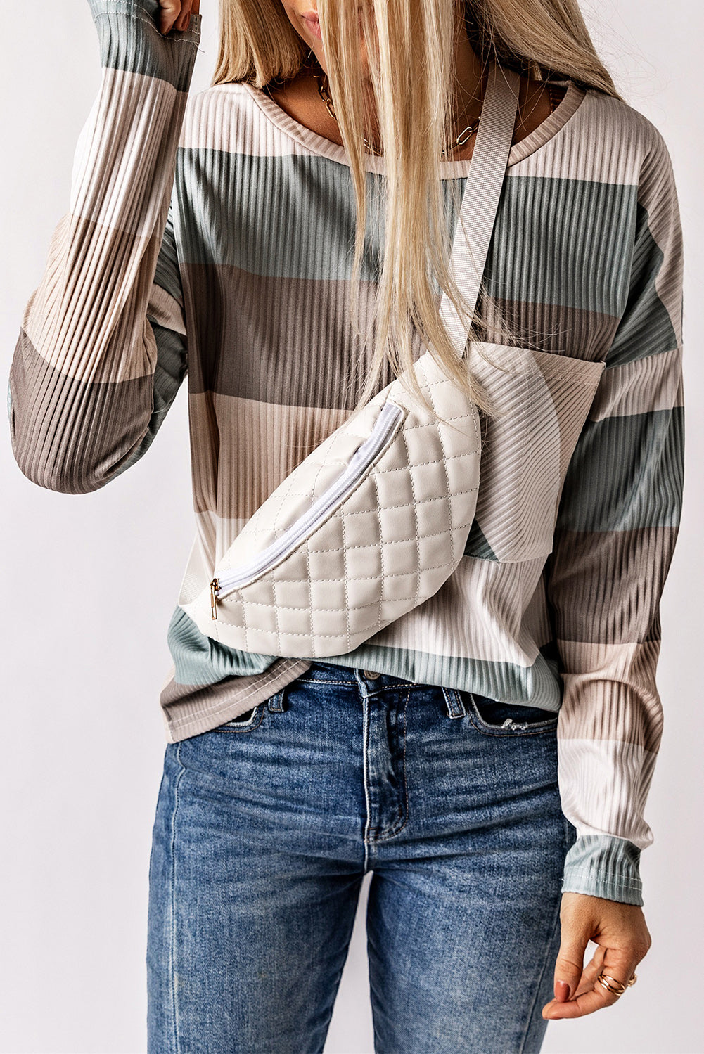 Striped Colorblock Ribbed Knit Top with Pocket