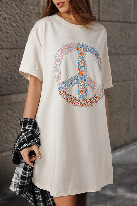 White Floral Peace Sign Graphic T Shirt Dress