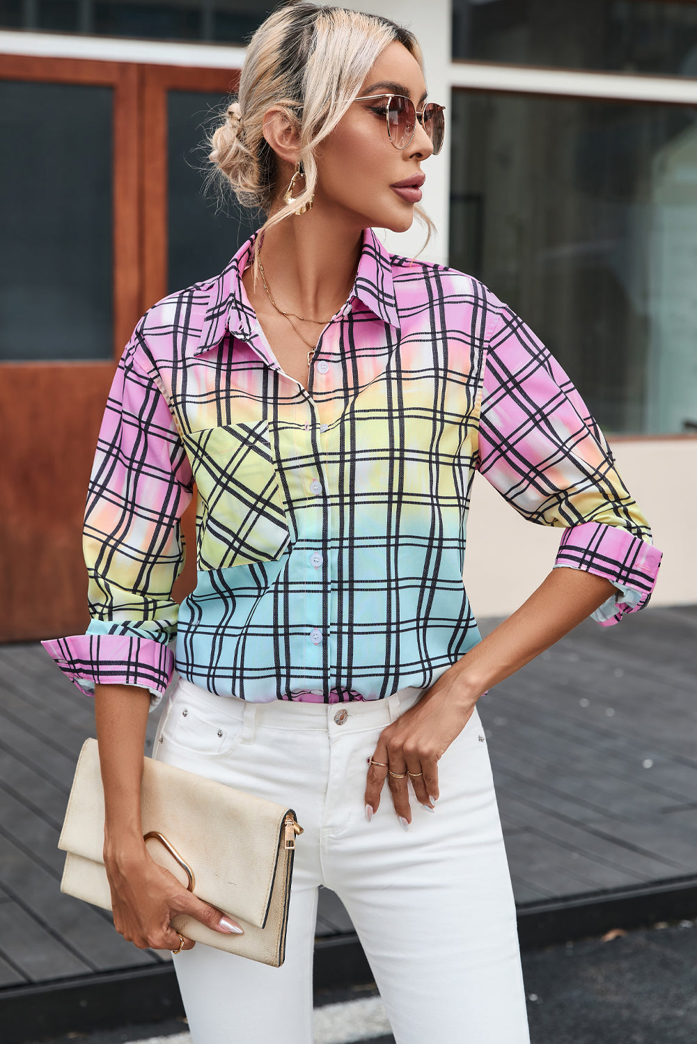 Tie Dye Plaid Button Up Shirt