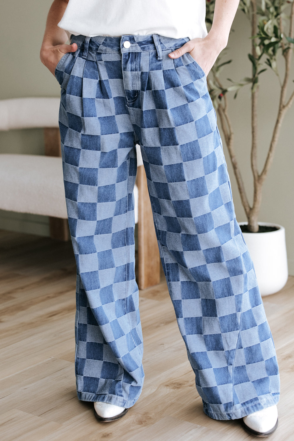 Dusk Blue Checkered Denim Wide Leg Jeans