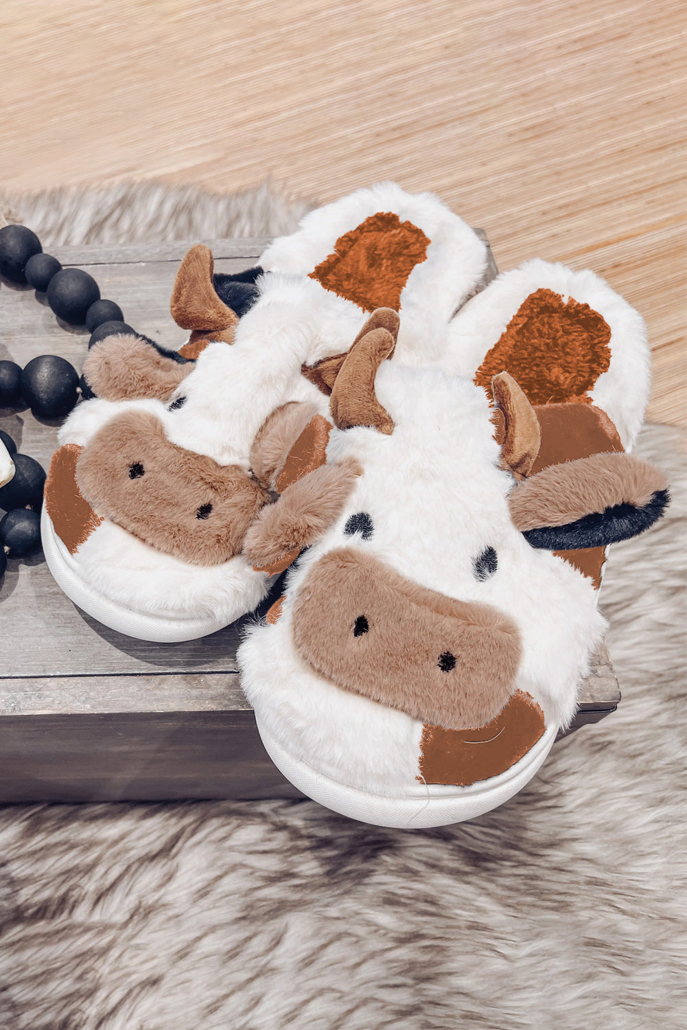 White Cartoon Animal Cow Plush Slippers