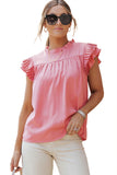 Satin Fringed Ruffle Sleeve Mock Neck Blouse