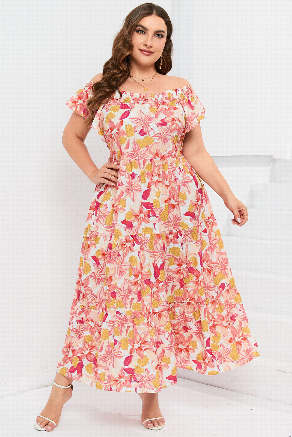 Robe orange imprimé floral froncée à volants sans manches grande taille 