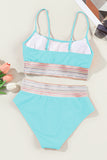 Sky Blue Striped Patchwork Spaghetti Strap High Waist Bikini Swimsuit