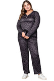 Plus Size Leopard Long Sleeve Henley Top Pajamas Set