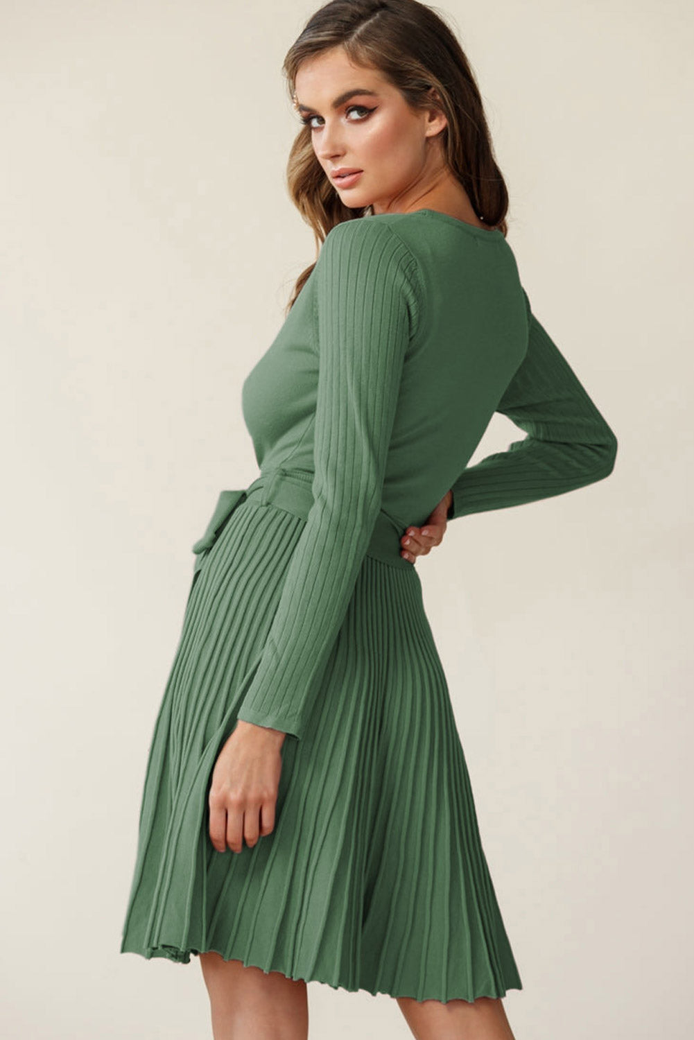 Belted V Neck Ribbed Pleated Sweater Dress