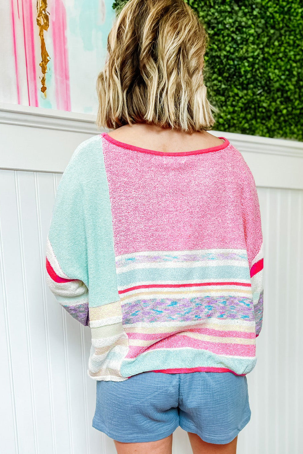 Color Block Striped Three-Quarter Sleeve Knitted Top