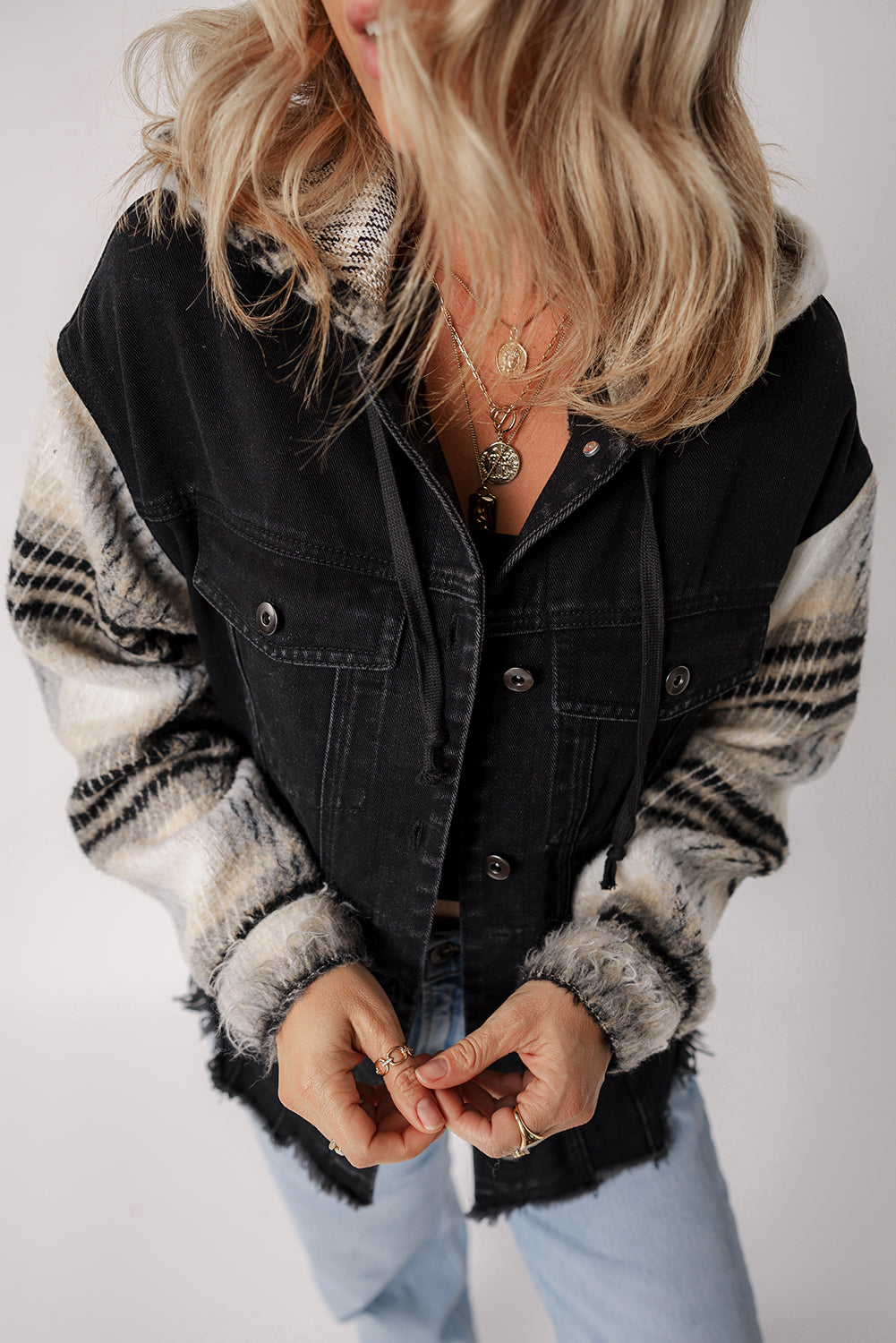 Black Plaid Sleeve Frayed Hem Hooded Denim Jacket