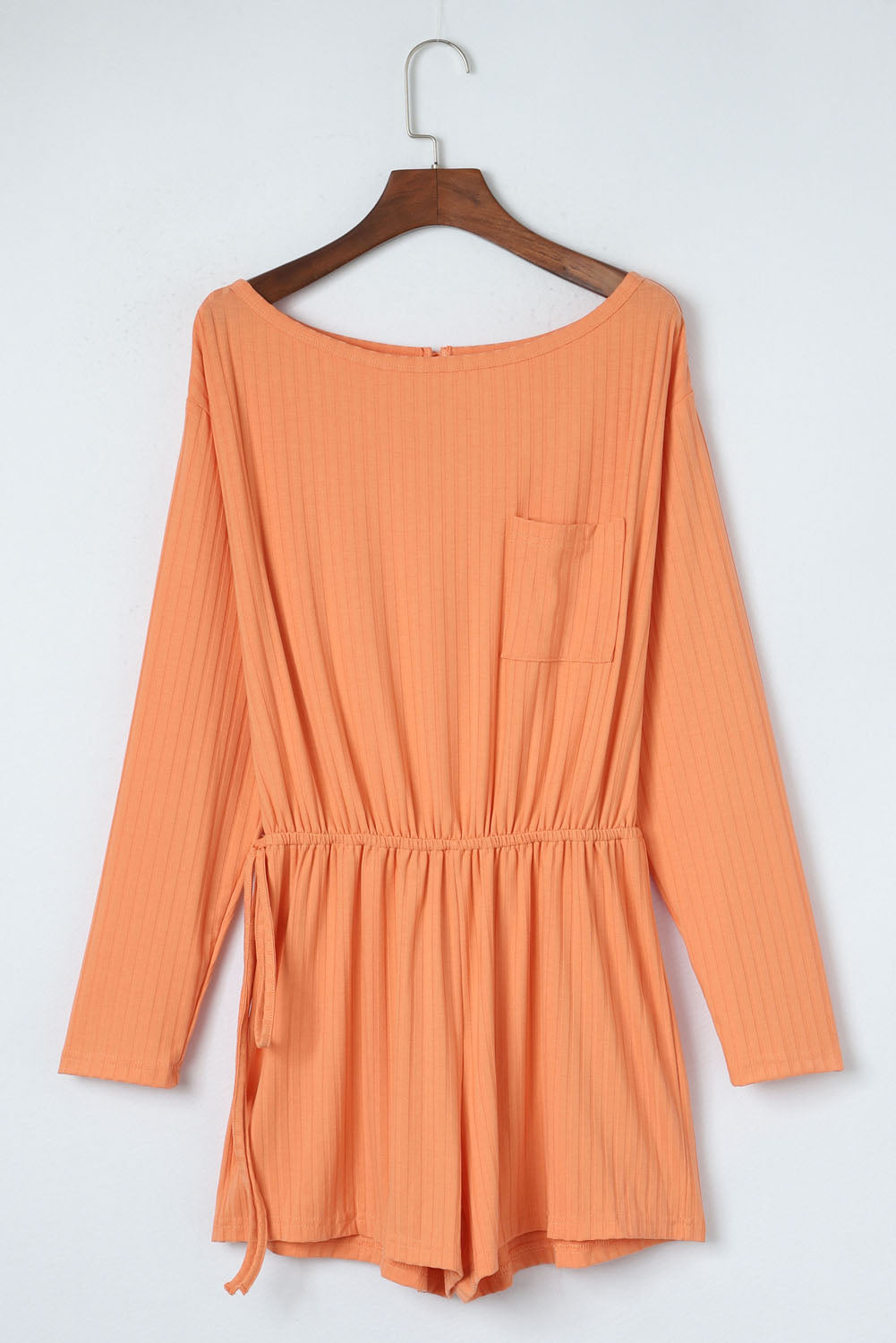 Ribbed Drawstring Waist Long Sleeve Romper