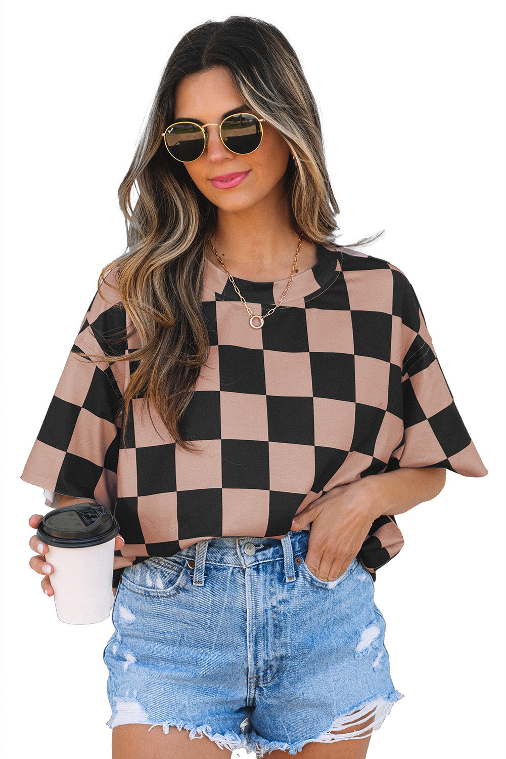 Light French Beige Checkmate Boyfriend Casual Tee