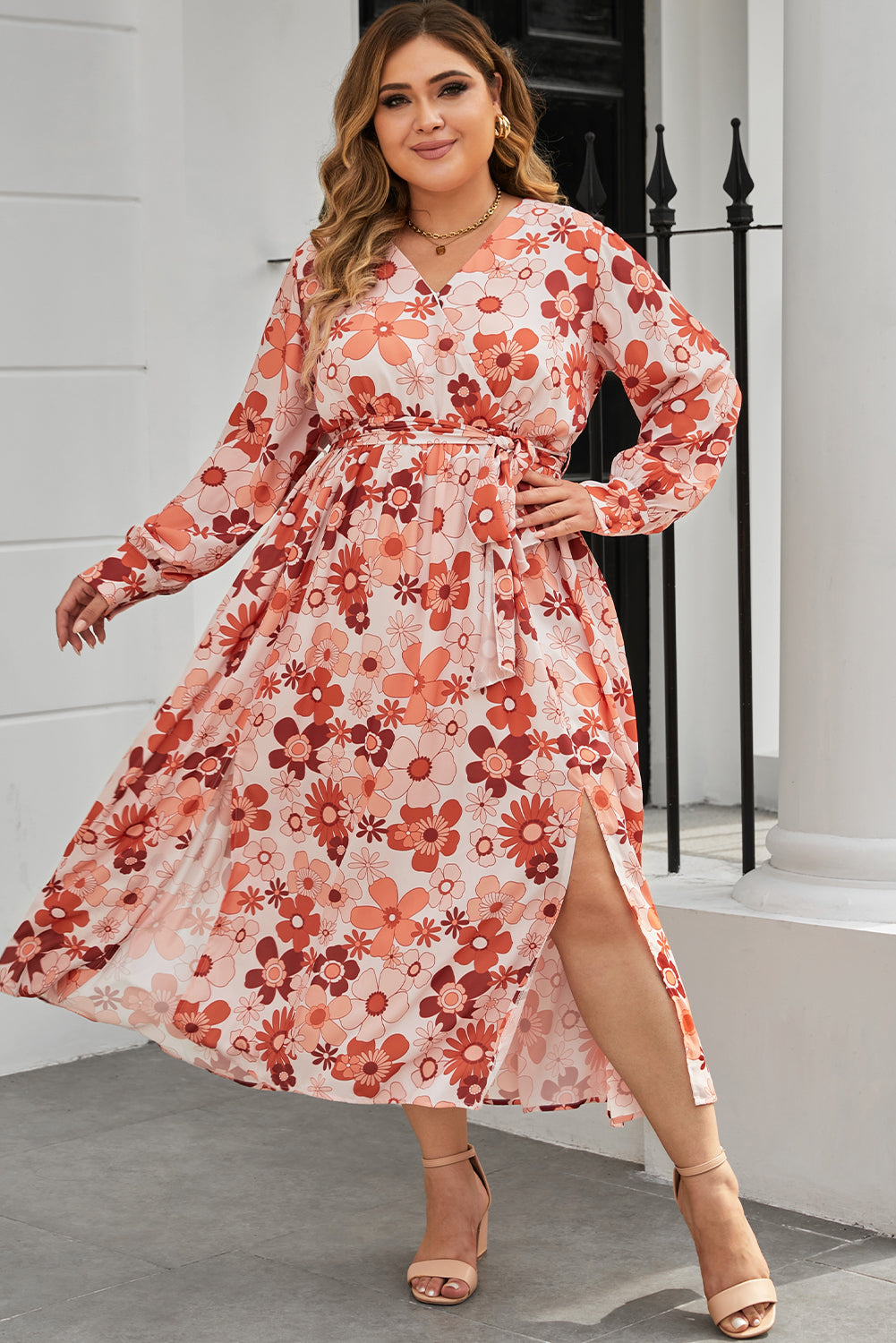 Plus Size Floral Print V Neck Wrap Side Slit Maxi Dress