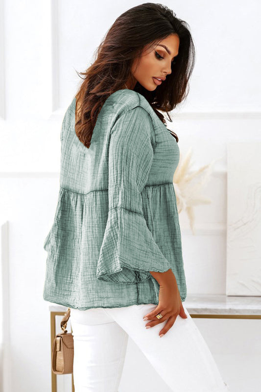 Crinkle Lace Up Round Neck Bell Sleeve Blouse