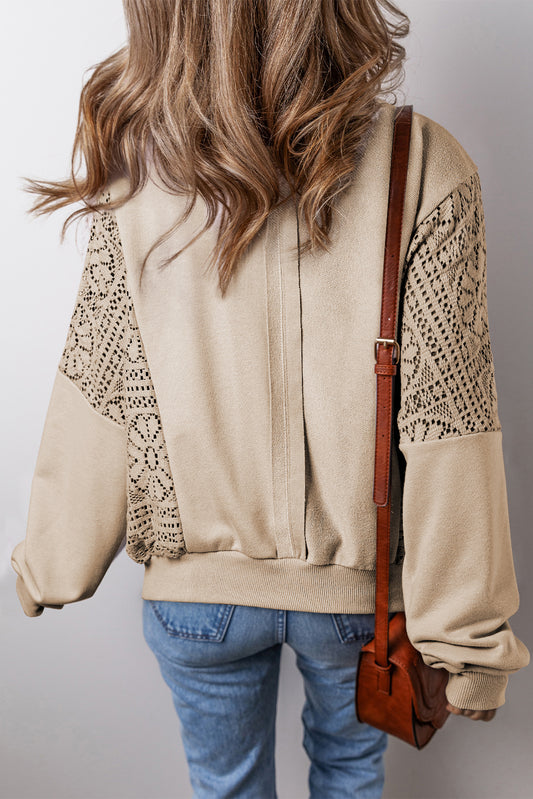 Parchment Knit Crochet Exposed Seam Ribbed Trim Sweatshirt