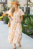 Apricot Floral Print Puff Short Sleeve Resort Plus Size Maxi Dress