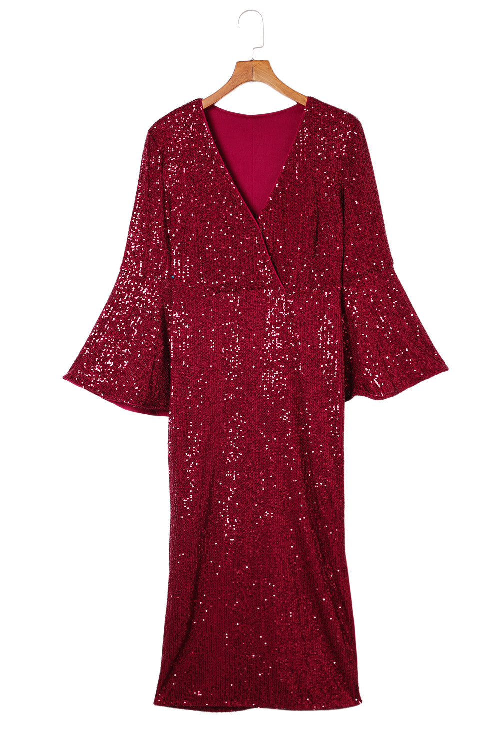 Robe rouge à paillettes et col en V profond, manches cloche