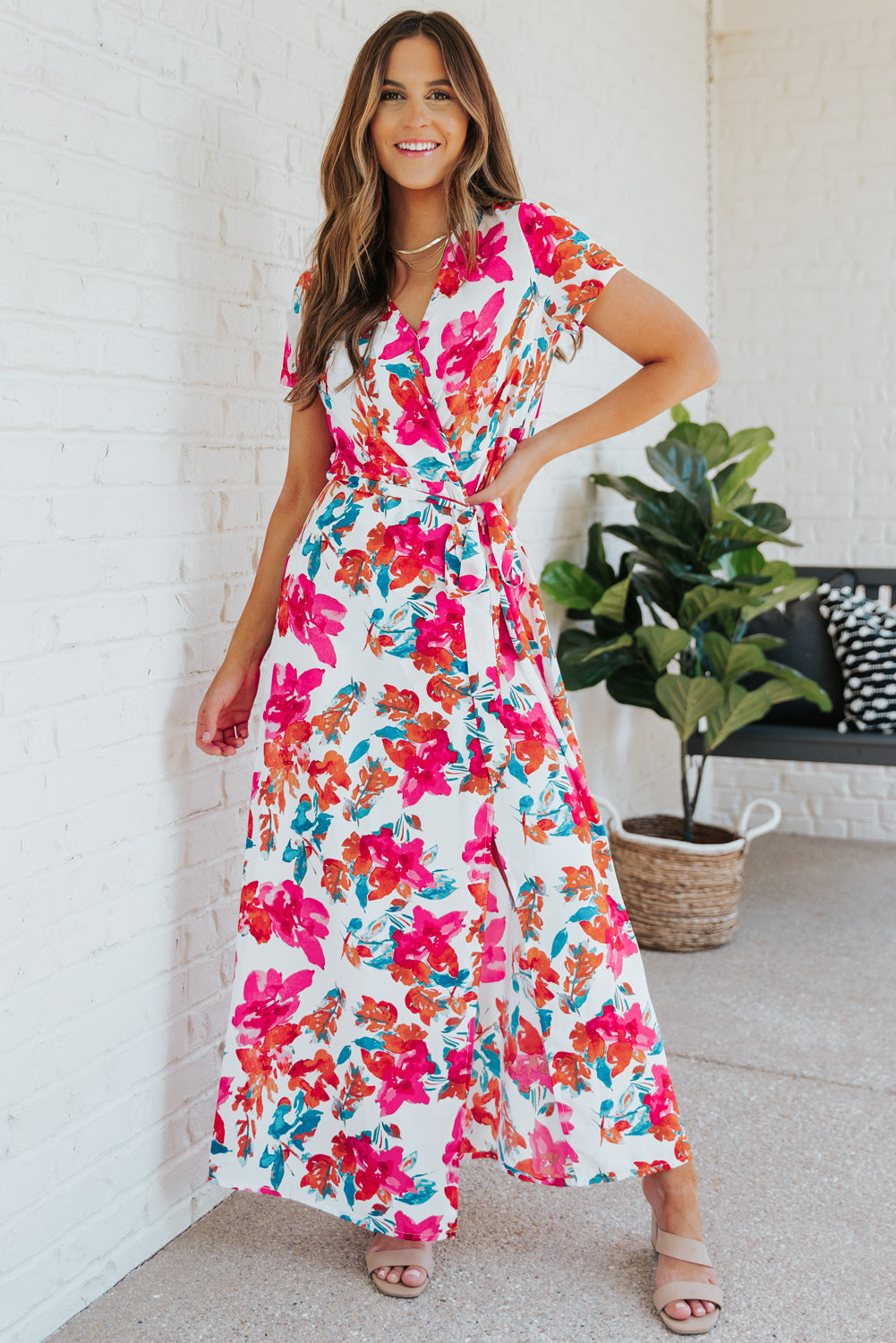 Wrap V Neck Short Sleeve Floral Maxi Dress