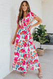 Robe longue florale à manches courtes et col en V Rose