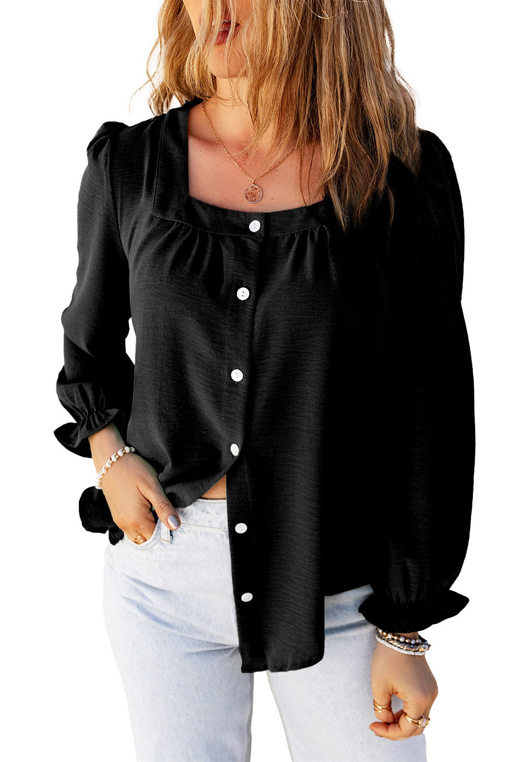 Flounce Sleeve Square Neck Button-Up Shirt