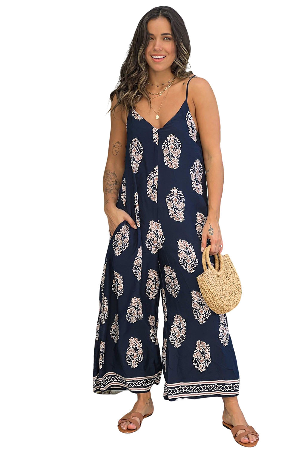 Vintage Printed Spaghetti Strap Wide Leg Jumpsuit