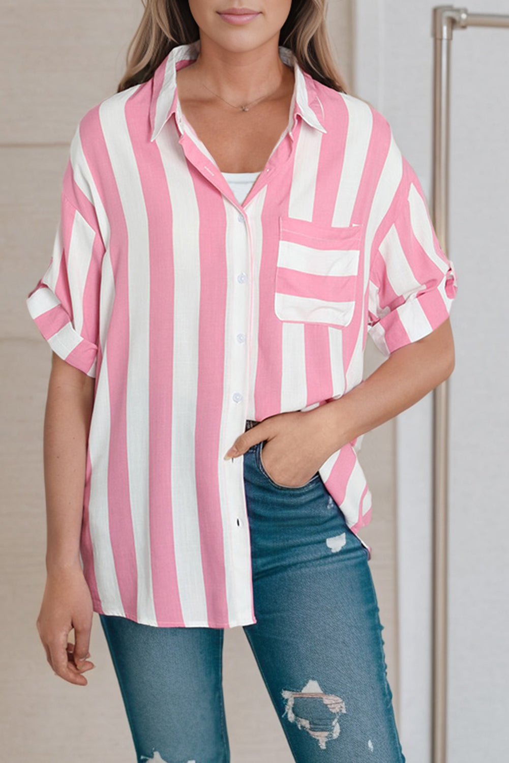 Striped Button Up Rolled Sleeves Shirt