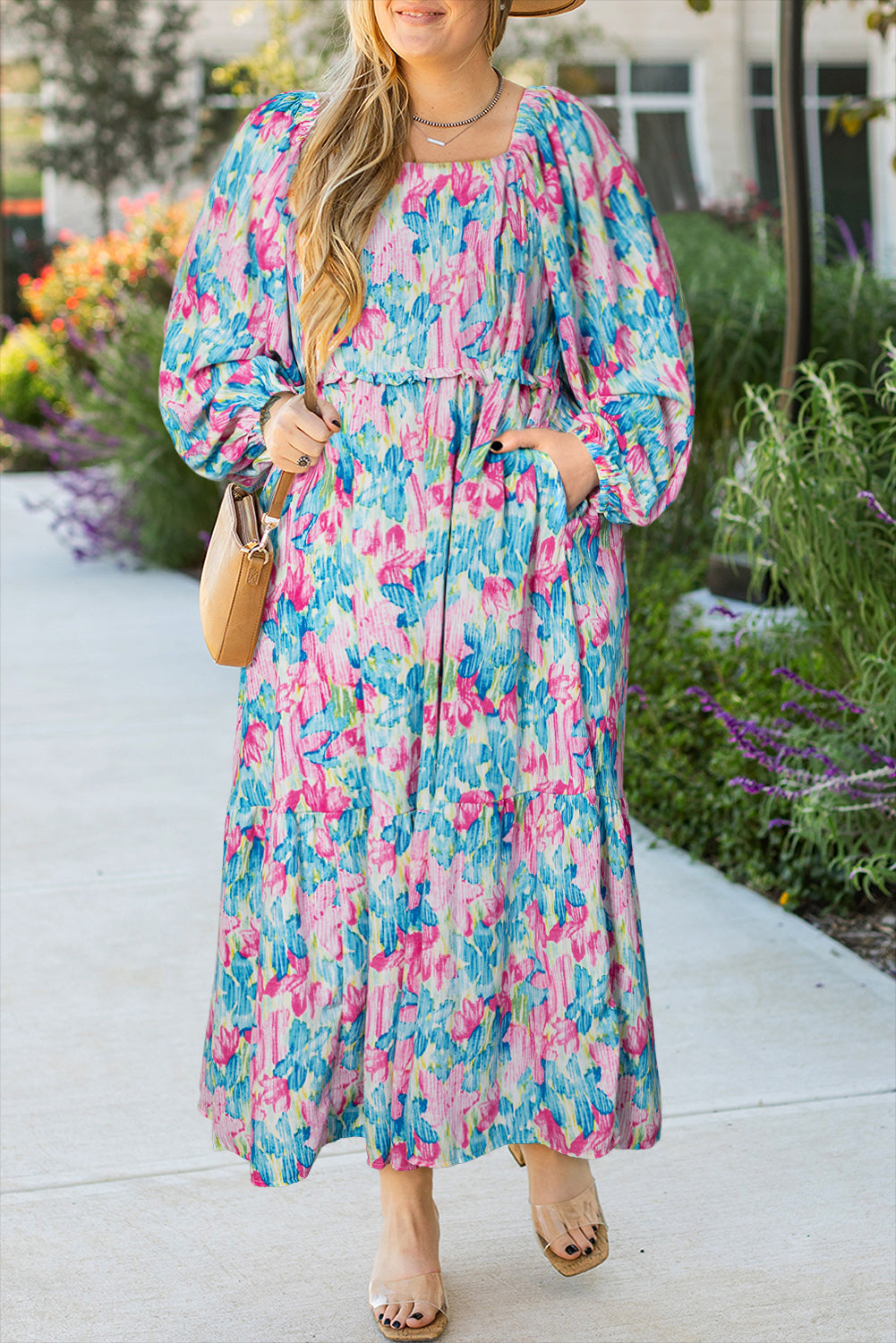 Sky Blue Floral Allover Print Shirred Square Neck Plus Size Maxi Dress