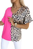 Leopard Color Block Roll Tab Sleeve V Neck Top