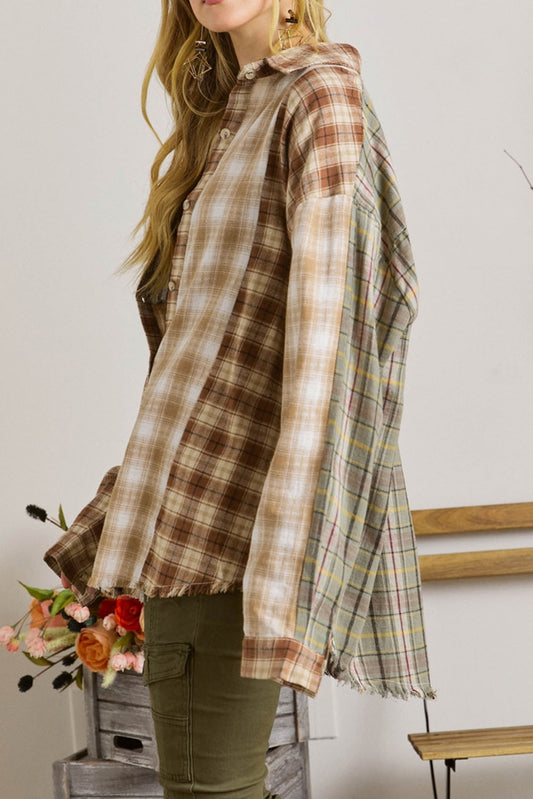 Multi Plaid Patchwork Raw Edge Casual Shirt