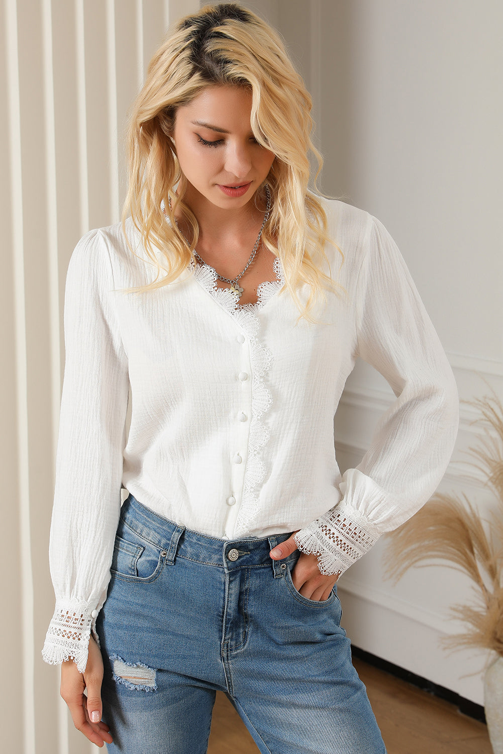 White Lace Crochet Trim Deep V Neck Textured Blouse