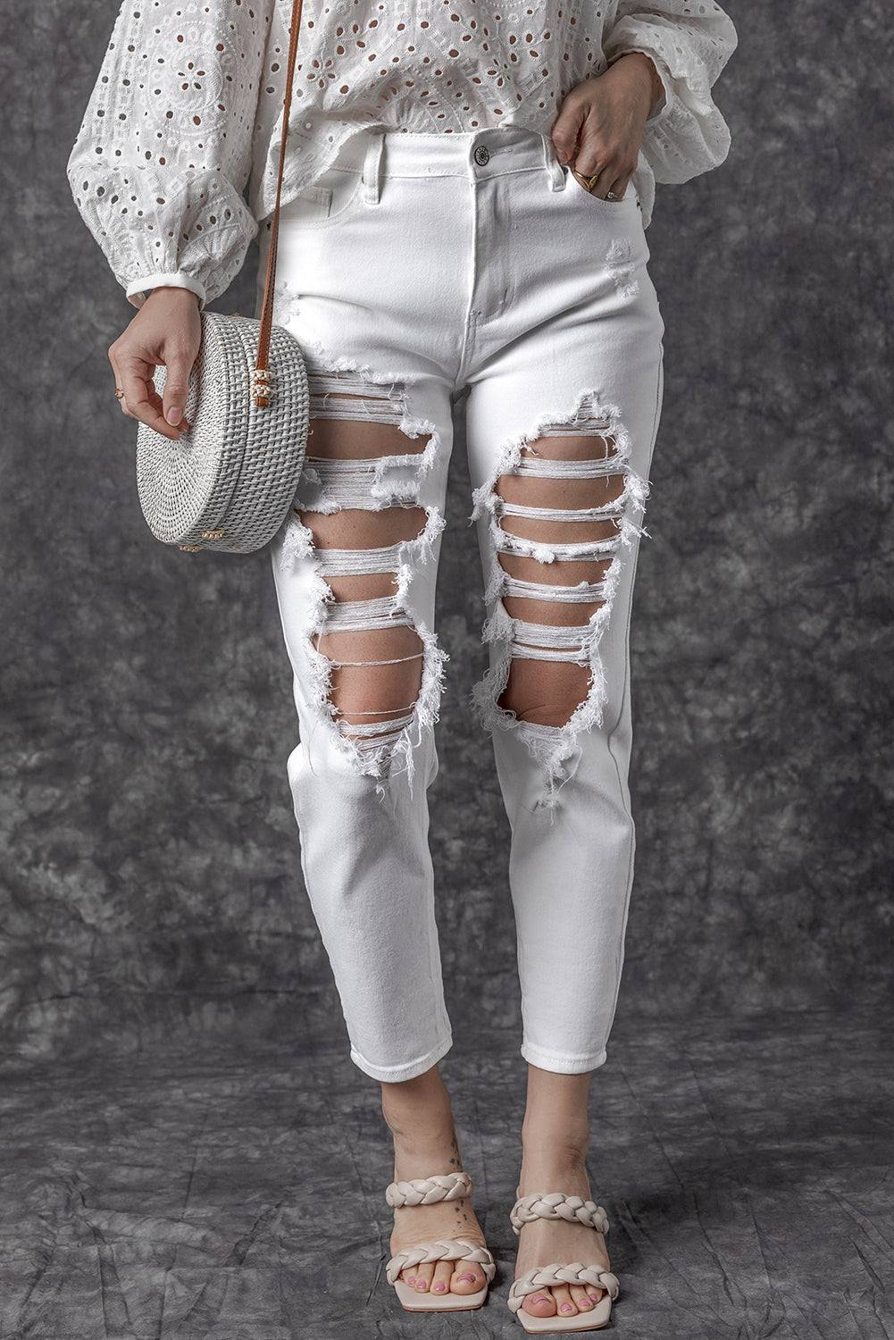 White Distressed Ripped Holes High Waist Skinny Jeans