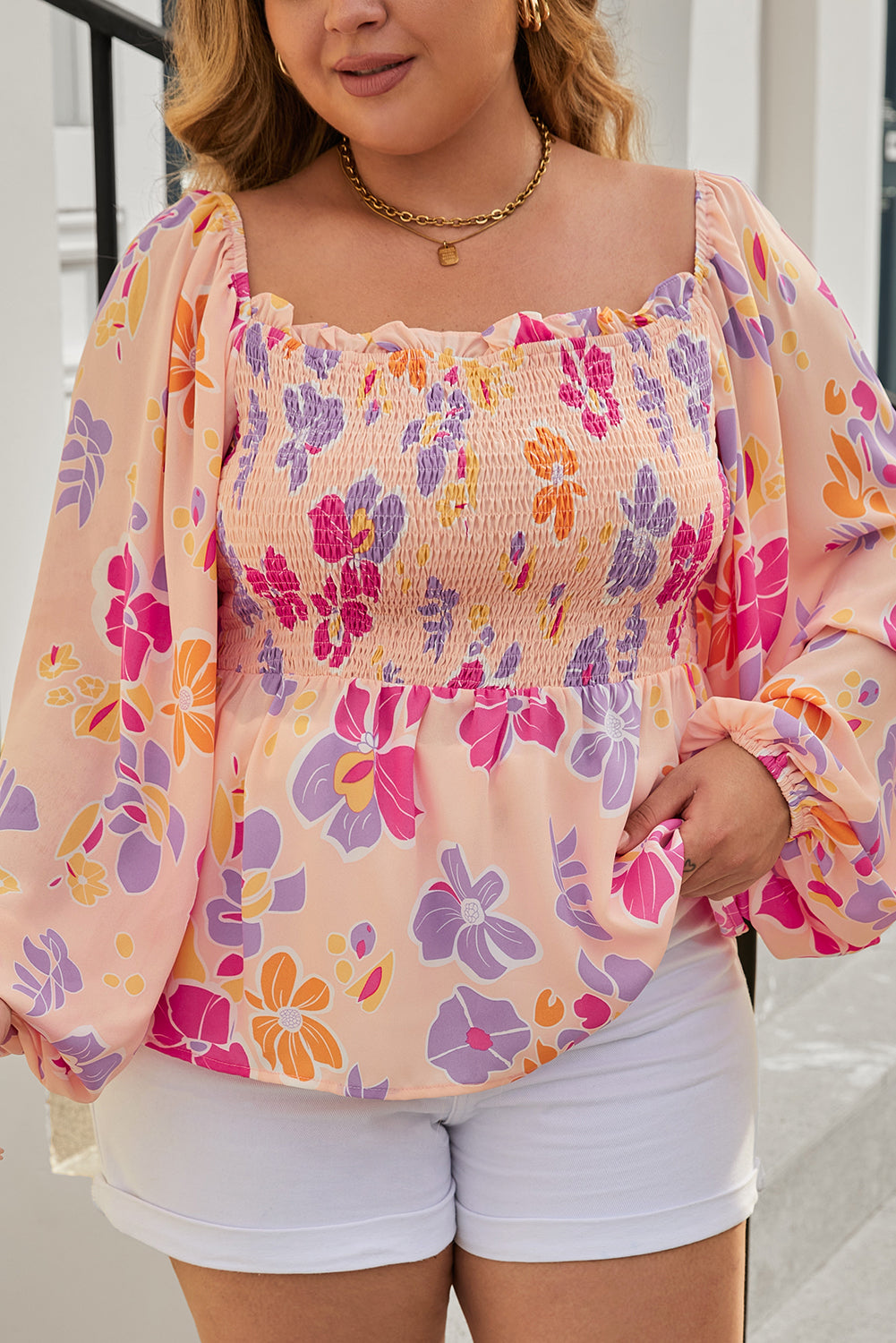 Floral Print Smocked Long Sleeve Peplum Blouse