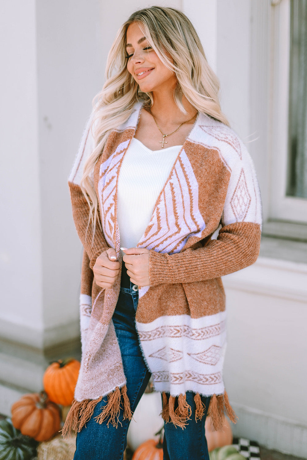 Brown Western Furry Knit Tassel Hem Cardigan