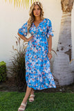 Ruffle Short Sleeve Bohemian Flower Long Dress