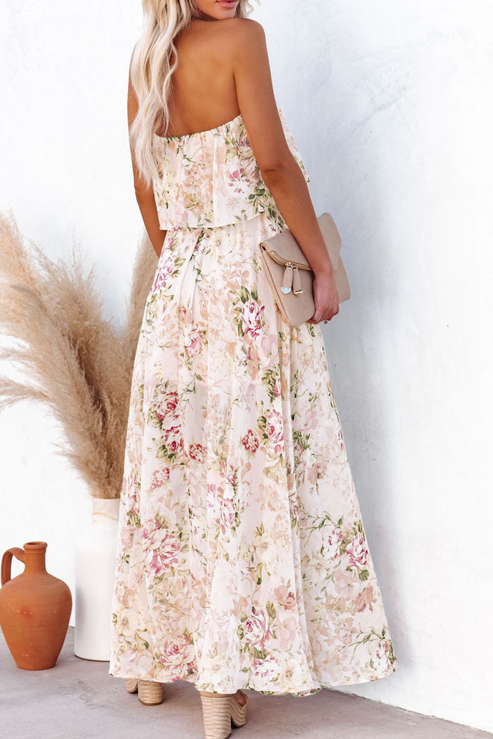 Robe longue rose à imprimé floral et bustier tube sans bretelles