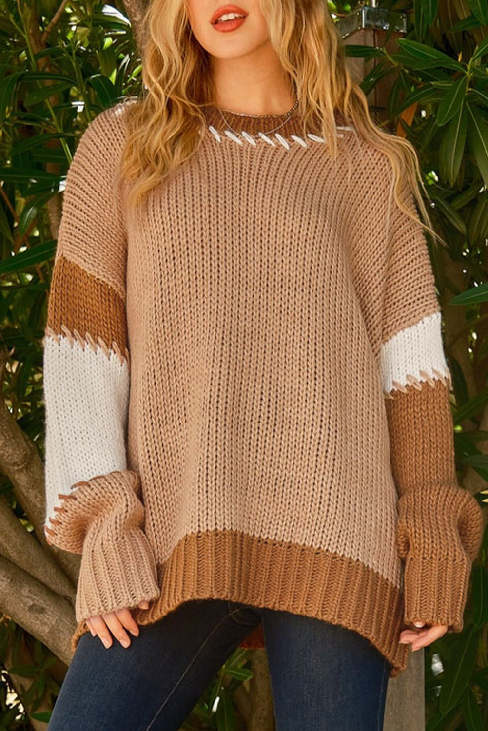 Light French Beige Color Block Contrast Stitch Oversized Sweater