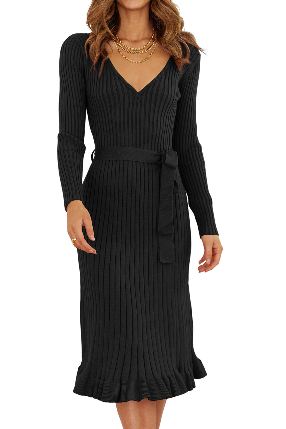 Ribbed V-Neck Belted Frilled Elegant Sweater Dress