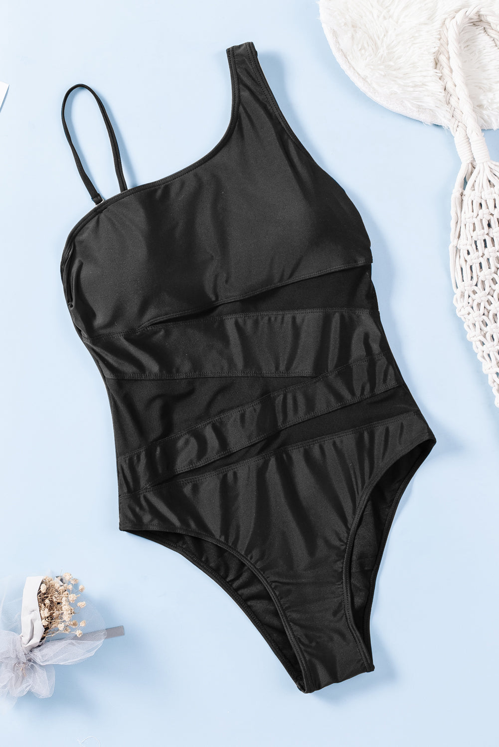 Black One-shoulder Mesh Cuouts Monokini